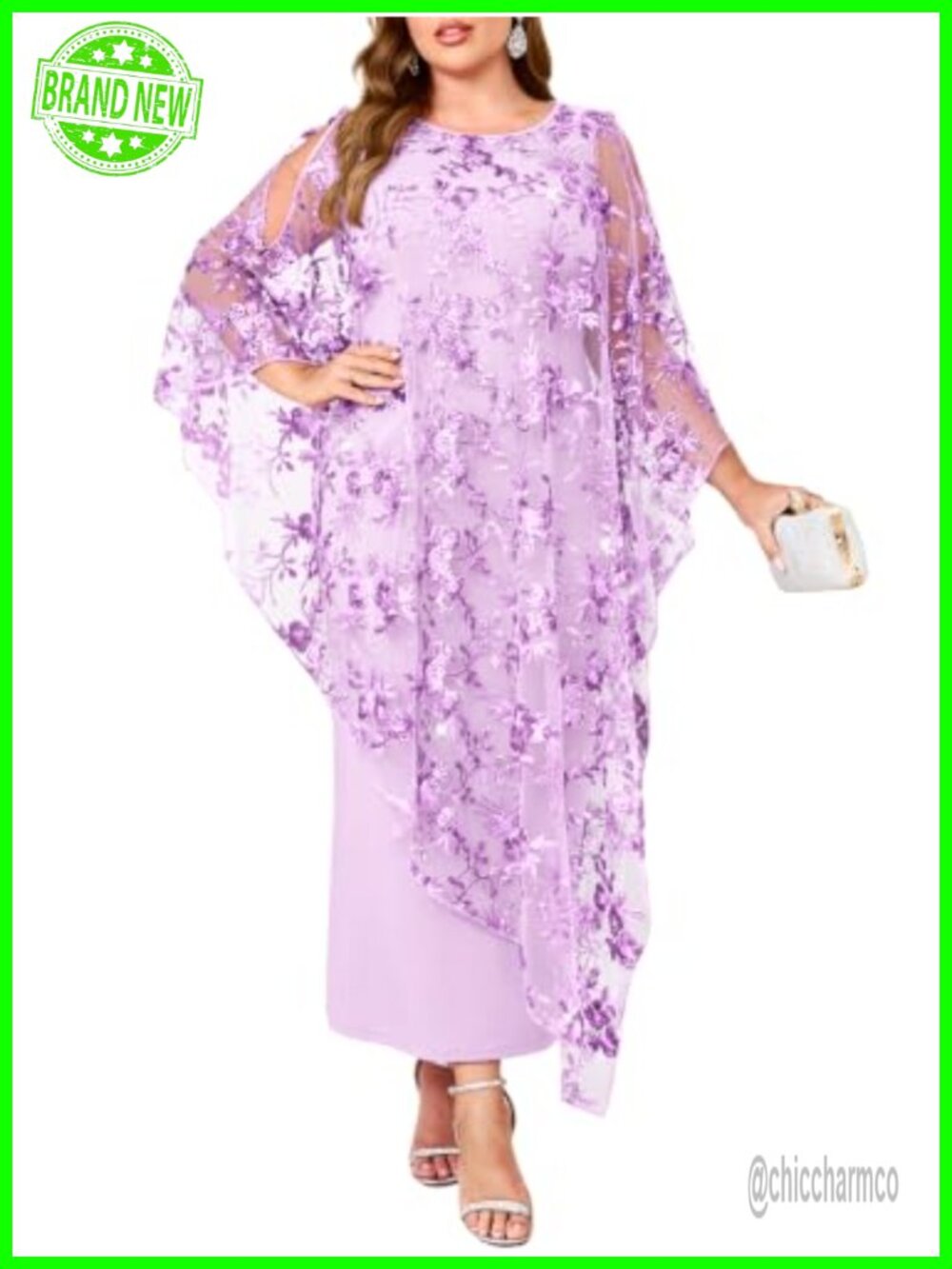 Plus Size Sequin Floral Evening Gown Formal Maxi Dress with Cape Overlay